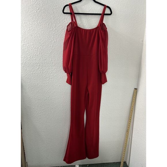 Fashion Nova Red Cold Shoulder Wide Leg Jumpsuit Belted Falling For Your Charm M - Picture 13 of 16